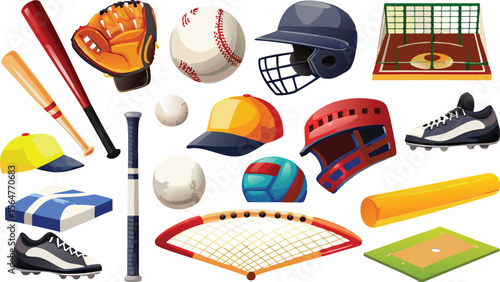 Collection of various sports equipment including baseball bats and balls and protective gear shown here