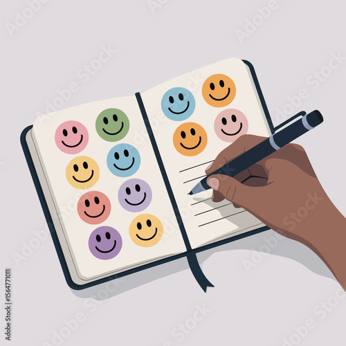 Open Notebook with Colorful Smiley Face Stickers Hand Writing with Pen faces