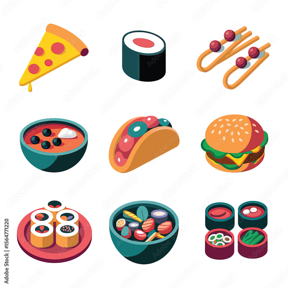 Naklejka premium vector icons cooking food chef hat include a pizza slice, a sushi roll, spaghetti and meatballs, a curry bowl burger , fish