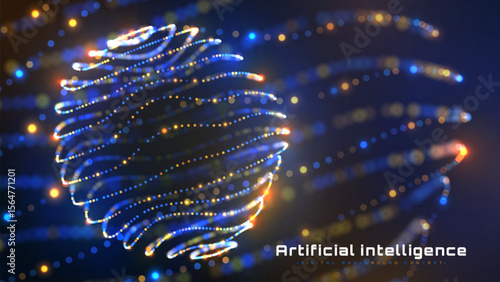 Futuristic technology digital artificial intelligence background. Blue glow with light neon yellow particle motion. machine deep ai learning process. Vector illustration.