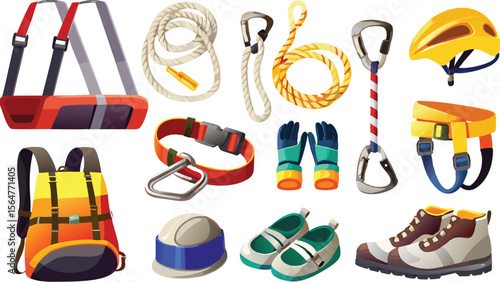 Illustration of climbing equipment including ropes, helmet, harness, and other safety gear items