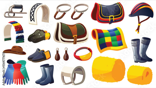Illustration of assorted equestrian equipment including saddles boots and riding accessories shown together