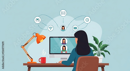 Woman in Blue Attends Video Call on Computer, Working from Home.