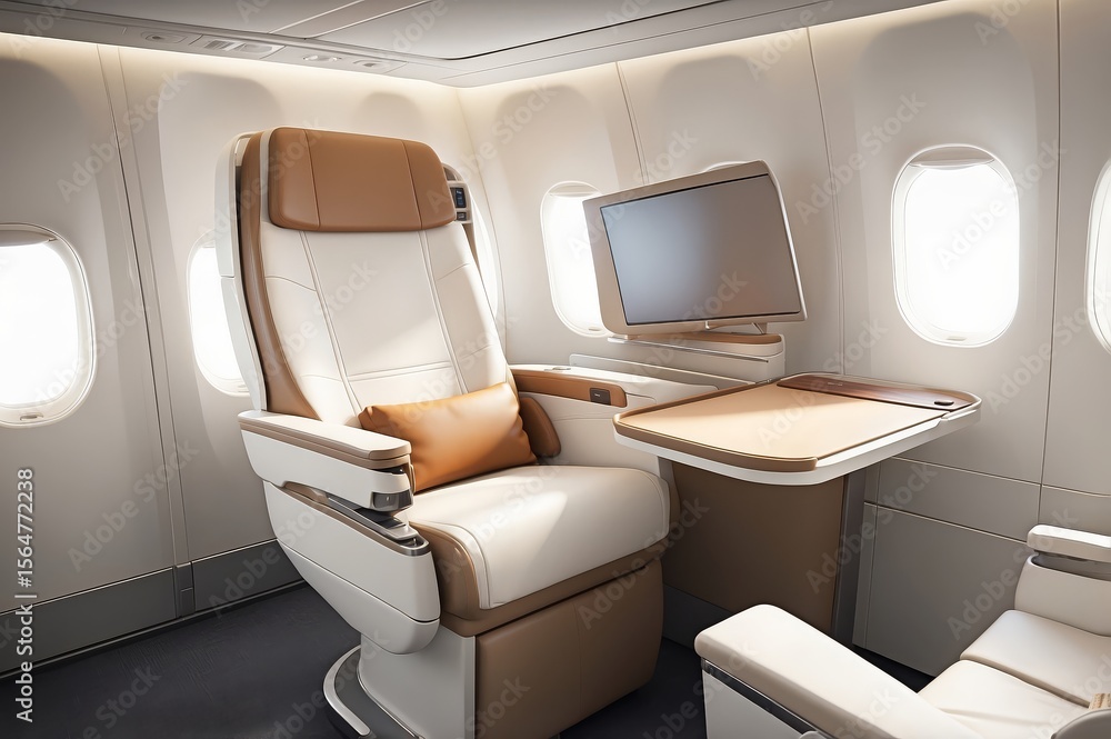 Fototapeta premium Airplane business-class seating; recliner, screen, table, and window