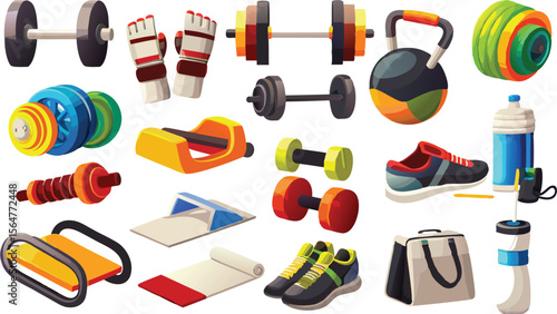 Illustration of various fitness equipment including dumbbells kettlebells and exercise accessories shown here