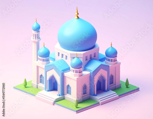 3D Isometric Illustration of a Pastel Mosque