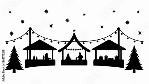 Silhouette of a christmas market with stalls trees lights and stars creating a festive atmosphere
