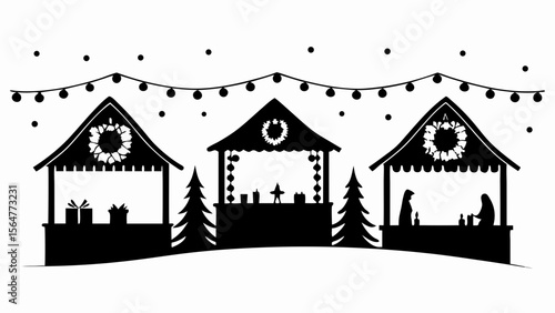 Silhouette of three christmas market stalls with wreaths and string lights in a snowy landscape scene