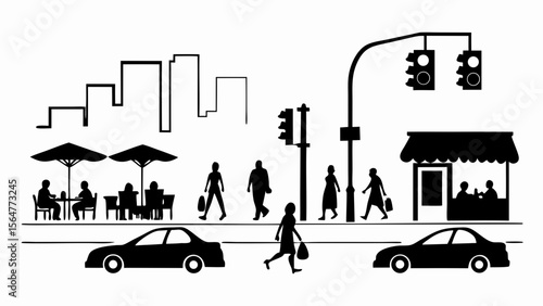 Black and white silhouette of a city street scene with people cars and buildings visible clearly