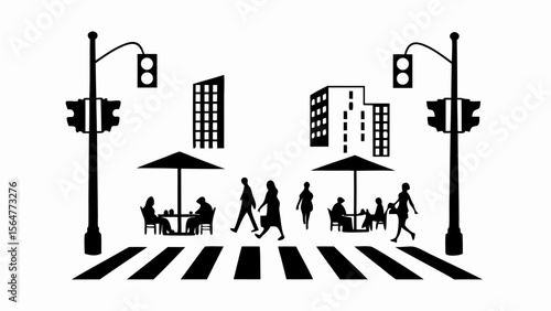 Silhouette of people crossing a street in a city with buildings and outdoor cafes and traffic lights