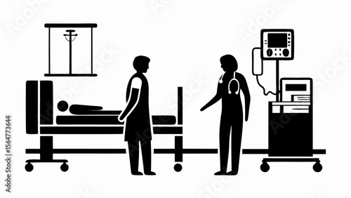 A hospital room scene with a patient in bed, a nurse, a doctor, and medical equipment depicted in black