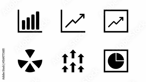 Collection of six black and white data visualization icons representing different chart types and trends