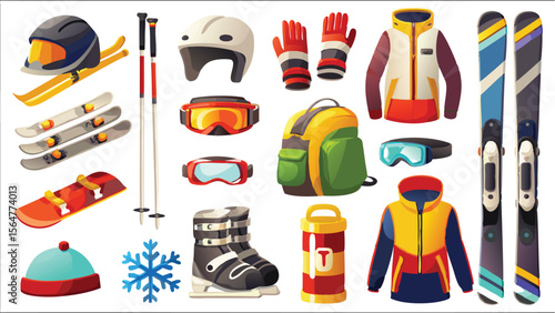 Illustration of various skiing and snowboarding equipment arranged on a white background