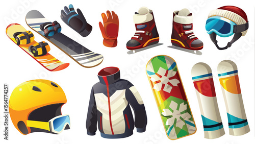 Illustration of snowboard equipment including snowboards boots helmets and winter clothing items shown