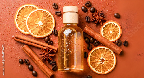 Fototapeta Naklejka Na Ścianę i Meble -  Bottle of aromatic oil surrounded by natural spices like cinnamon, orange, star anise, and coffee beans