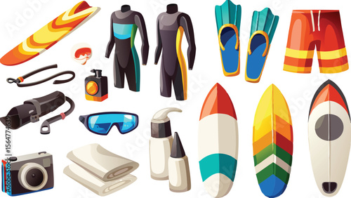 Collection of various beach and water sports gear including surfboards and wetsuits displayed neatly