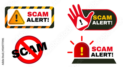Scam alert notification set icon. fraud notice alert. malware hack attack atention banner pop up. vector