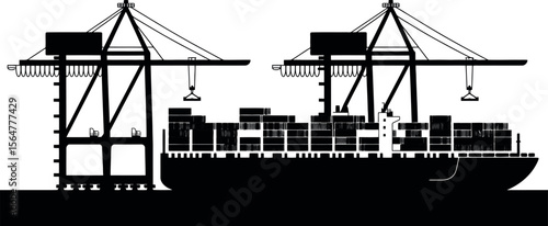 Cargo ship at port silhouette vector for transportation and logistics design