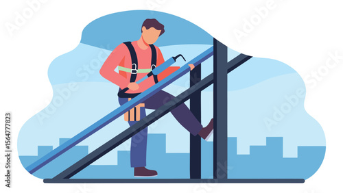 Illustration of a construction worker wearing safety harness on a building under construction site view