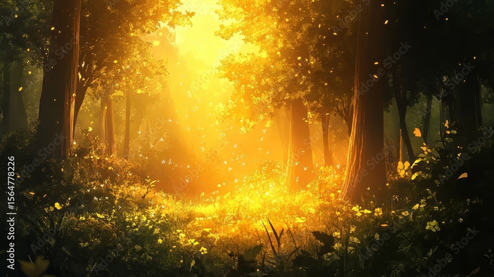 Sunny morning in the forest with golden light Sunny morning in the forest with golden light