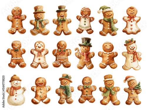 Gingerbread man watercolor vector set. Cute christmas sweet cookies characters, winter holiday decoration
