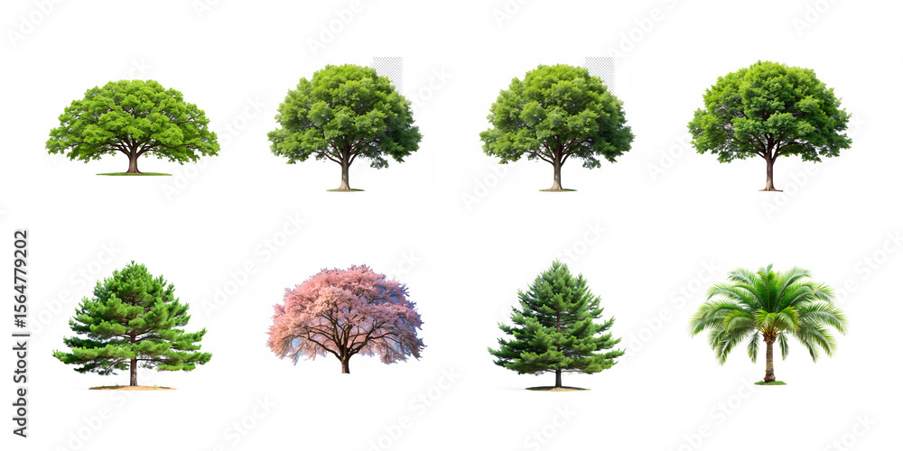 Fototapeta premium A collection of various trees, including oak, pine, and palm, isolated on white background
