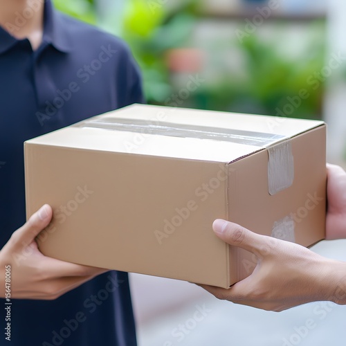 Male hand delivering package to another hand in outdoor setting