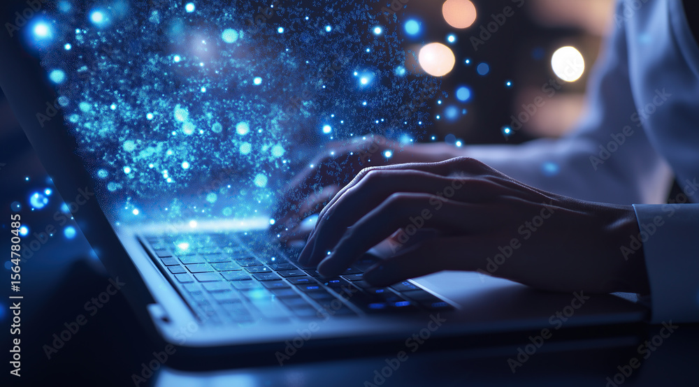Skilled hands navigate complex programming interface on illuminated laptop display. Skilled hands navigate complex programming interface on illuminated laptop display.