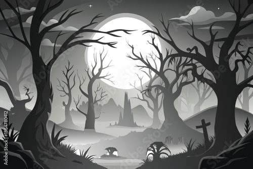 Spooky Halloween night landscape with a silhouette of a haunted forest, twisted trees, and a full moon in the dark sky, vector illustration art