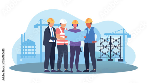 Group of construction workers reviewing blueprints at a construction site with cranes and building 100