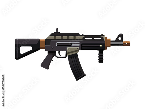 Modern assault rifle with adjustable stock and foregrip isolated on white background
