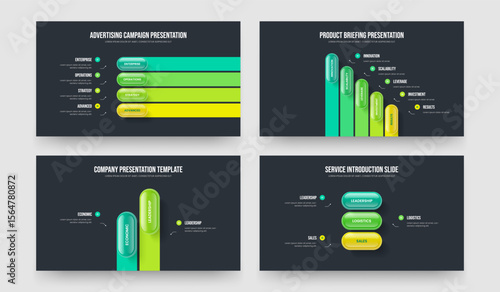 Enterprise Analysis 4 5 2 3 Option Infographic Slide Layout Set. Advertising Review Four Five Two Three Element Diagram Frame Design Vector Illustration Bundle.