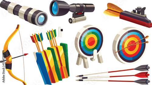 Illustration of archery equipment including bows, arrows, targets, and aiming devices displayed nicely