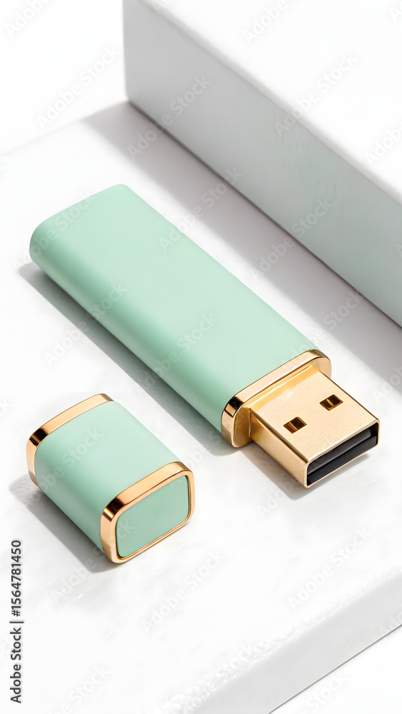 Fototapeta premium Minimalist USB drive with gold connector on white