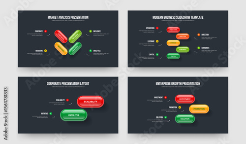 Market Report Four Five Two Three Step Diagram Presentation Layout Vector Illustration Bundle. Digital Growth 4 5 2 3 Element Infographic Slideshow Template Collection.