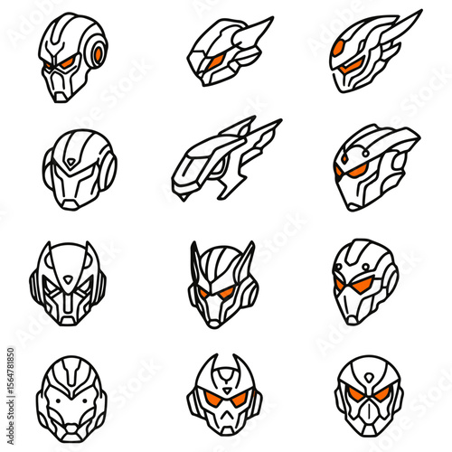 A diverse set of android and robot head designs, presented in a clean, high-contrast vector style