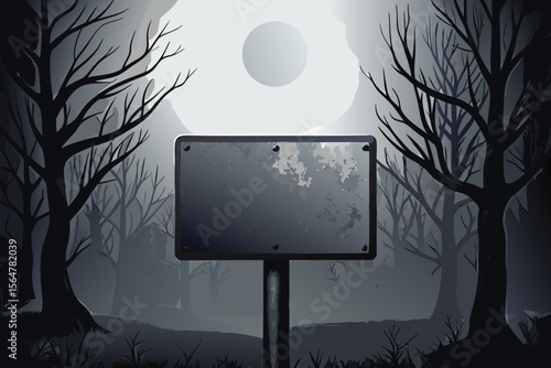 Spooky moon and tree forest landscape with a blank outdoor advertising billboard in the blue night sky