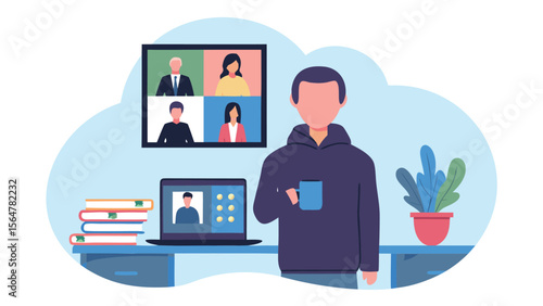 Person in a video conference at home with a mug and laptop on a desk with books and plant nearby