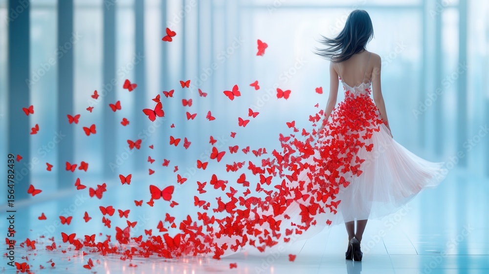 Fototapeta premium Elegant white moving forward, background dress dissolving into crimson butterflies against soft focus woman