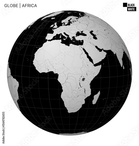 Vector Globe centered to Africa. Black White palette. World map with meridians, parallels, countries, rivers and lakes. Classic vector illustration.