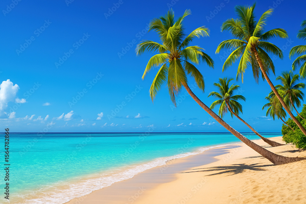 Fototapeta premium Idyllic Tropical Beach: Turquoise Ocean, Palm Trees, Sunny Day