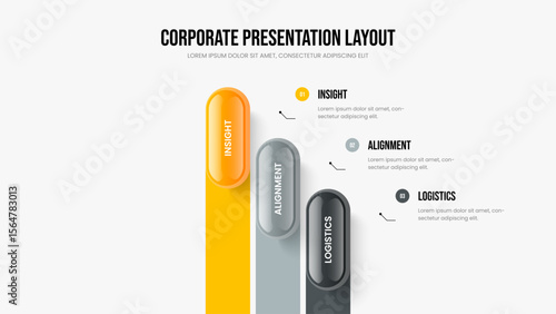 Corporate Solution Three Element Diagram Frame Template. Marketing Overview 3 Step Infographic Slideshow Design. Financial Portfolio Presentation Layout Vector Illustration.