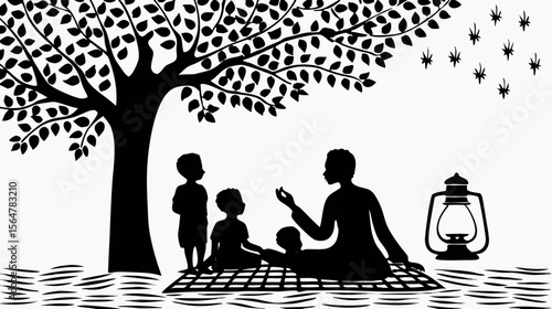 Silhouette of a woman telling a story to children under a tree with a lantern nearby in black and white
