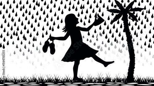 Silhouette of a girl dancing in the rain with a palm tree and grass in a black and white illustration