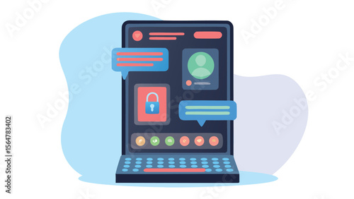 Illustration of a tablet displaying a secure messaging app with chat bubbles and profile icon