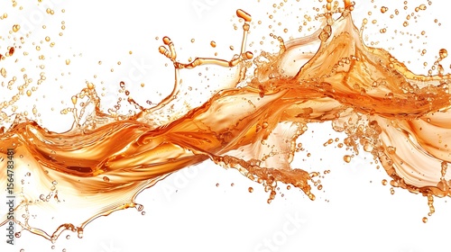 A vibrant splash of peach tea, the liquid forming dynamic patterns against a pristine white background.