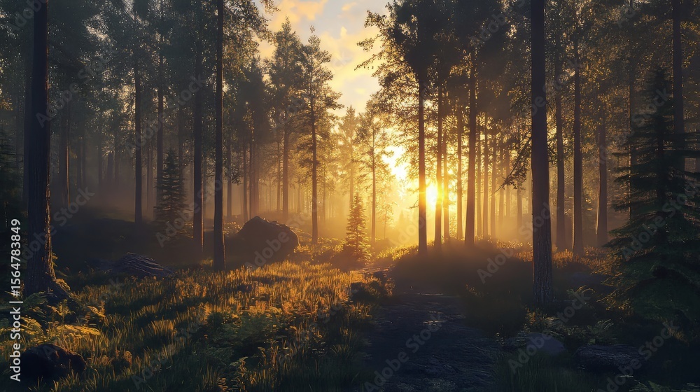 Obraz premium Sunrise in a pine forest, with the first light shining through the trees