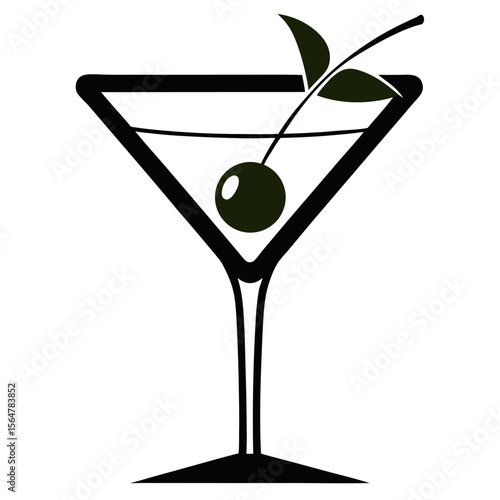 Black and white  Martini vermouth goblet with olive vector icon on white background.