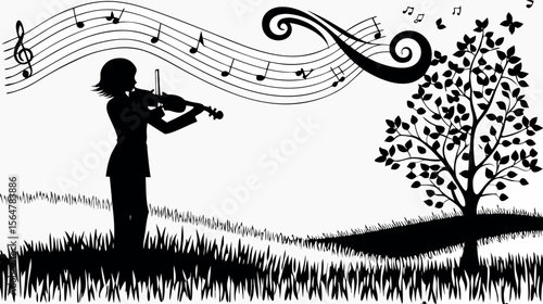 Silhouette of violinist playing in a field with a tree and musical notes flowing above creating a scene
