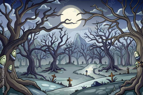 Spooky Halloween night landscape with a lone tree silhouetted against a moonlit sky